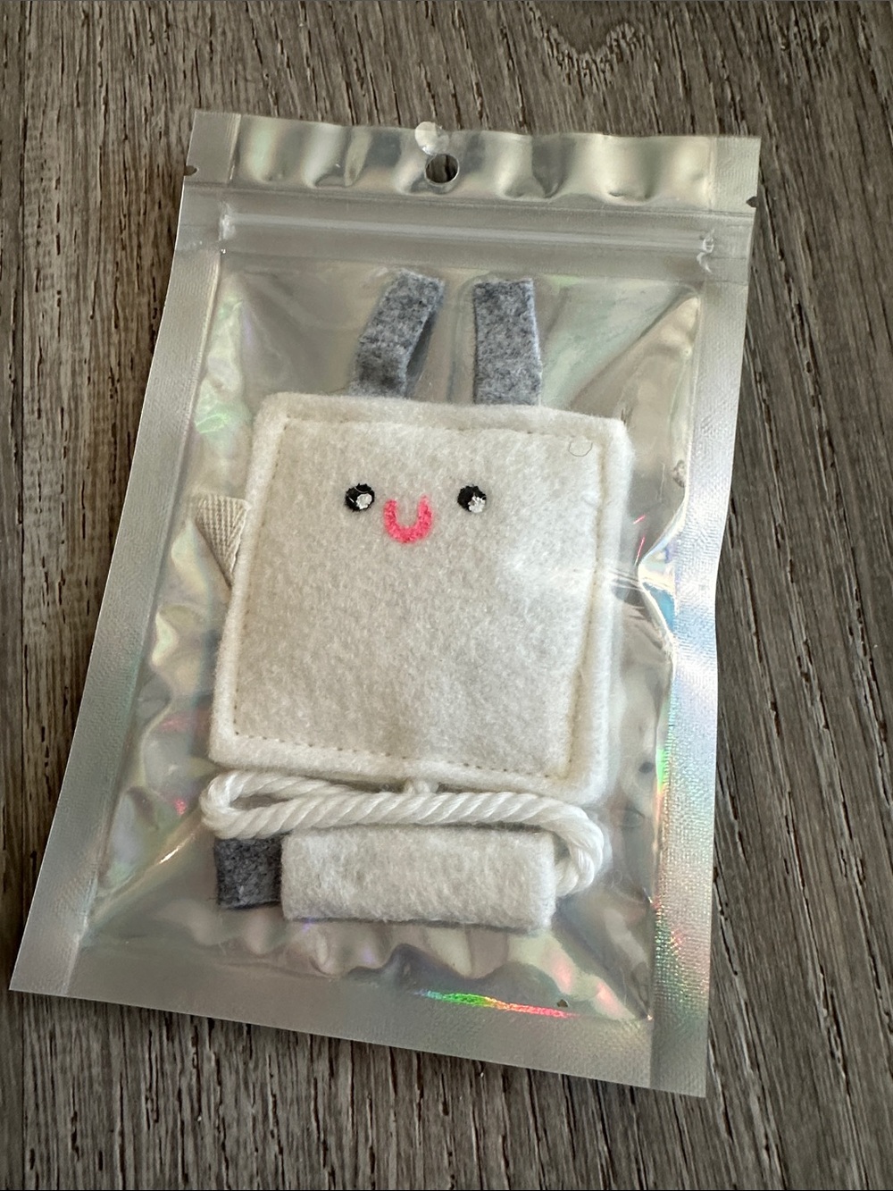 White Felt Bunny Cat Toy with Gray Accents - Plush Teether